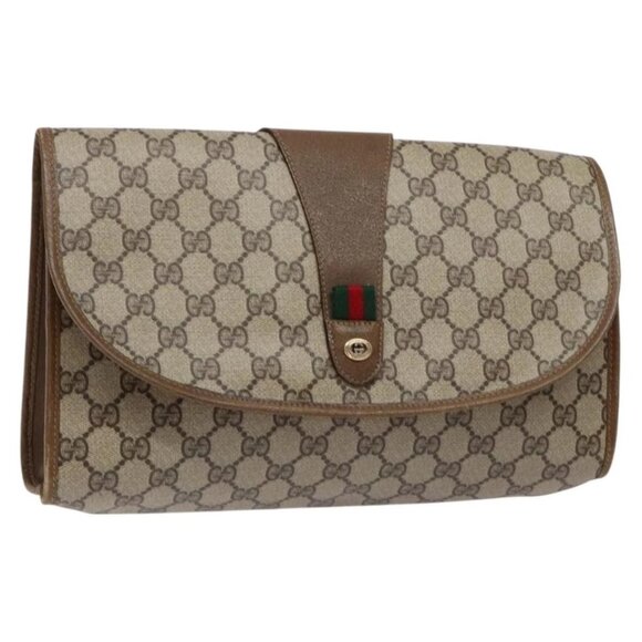 GUCCI GG Supreme Web Sherry Line Clutch Bag PVC Beige Gold - Picture 1 of 16